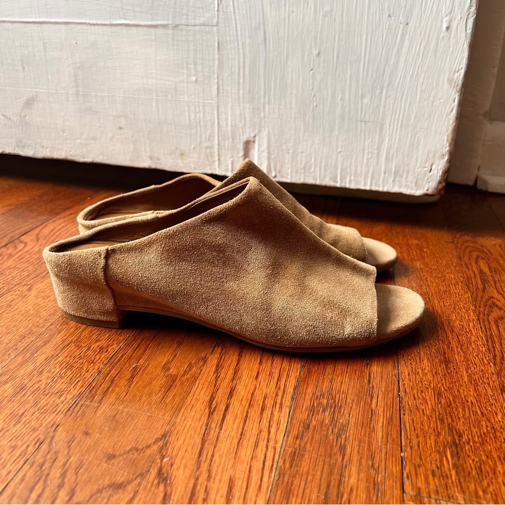 aquatalia adriana tan suede open toe mule size 8.5